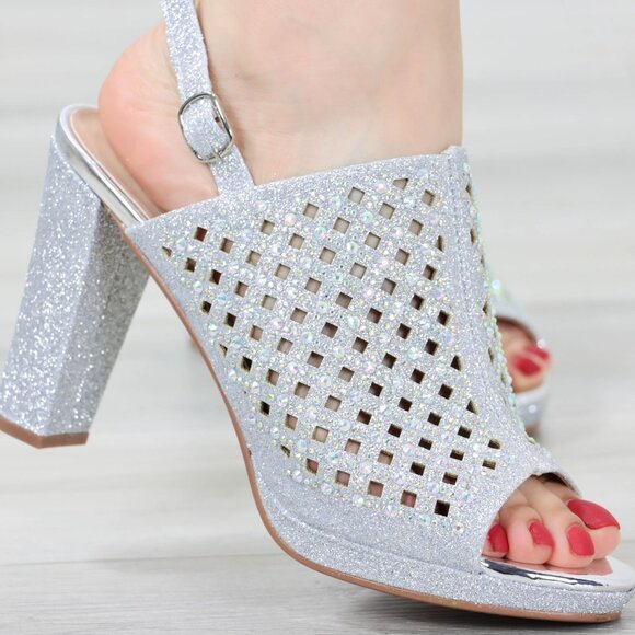 Sparkly Rhinestone Glitter Silver Platform High Heels Open Toe Party Shoes - Picture 6 of 14